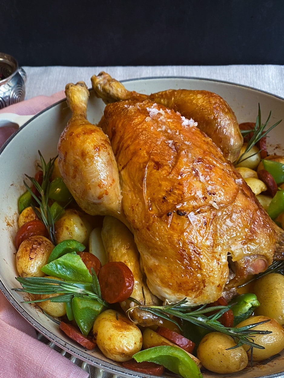 Roasted chicken with potatoes and chorizo