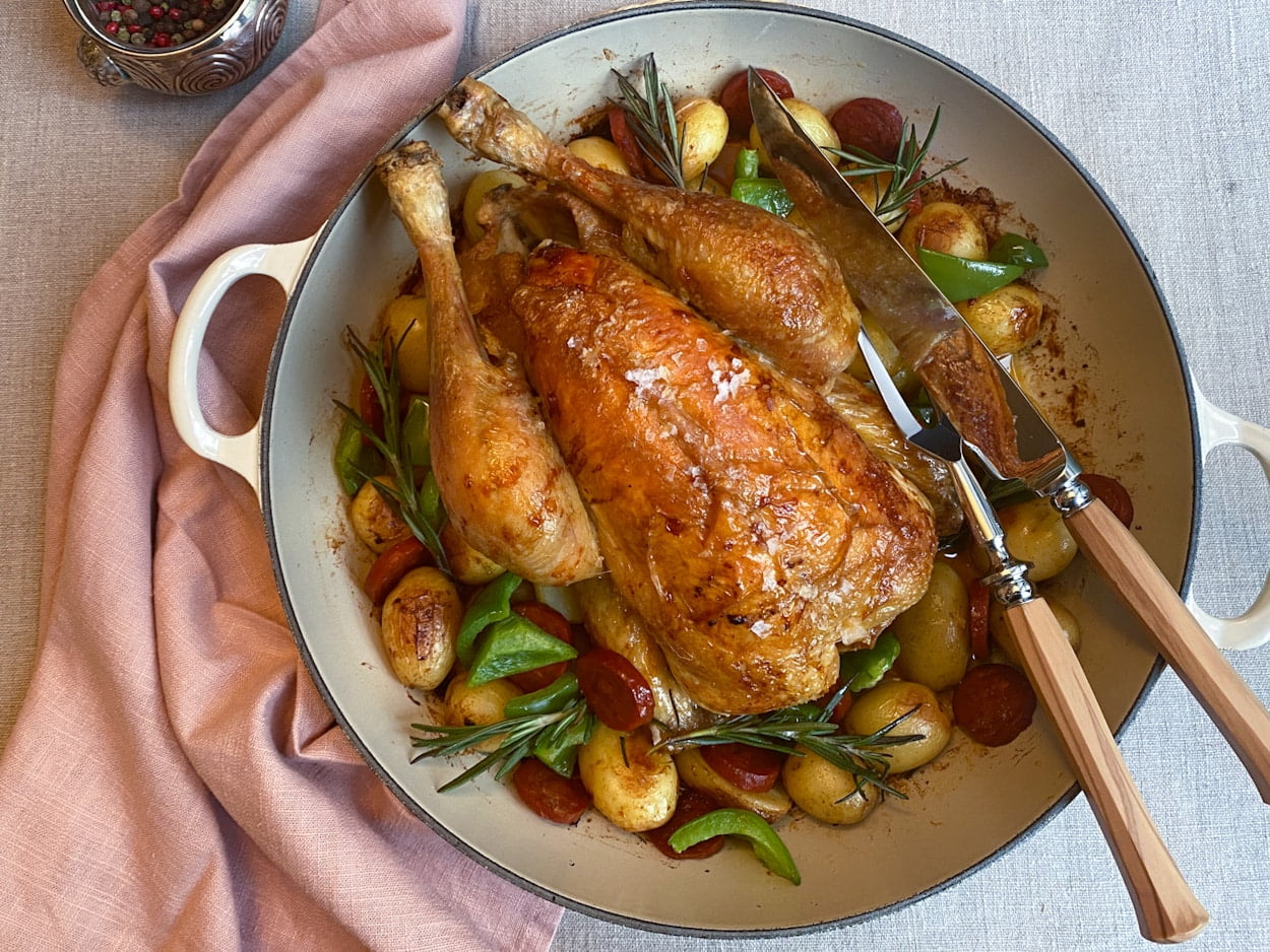 Roasted chicken with potatoes and chorizo