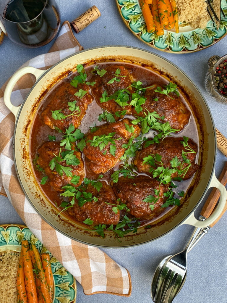 Morrocan chicken thighs with glazed carrots and couscous