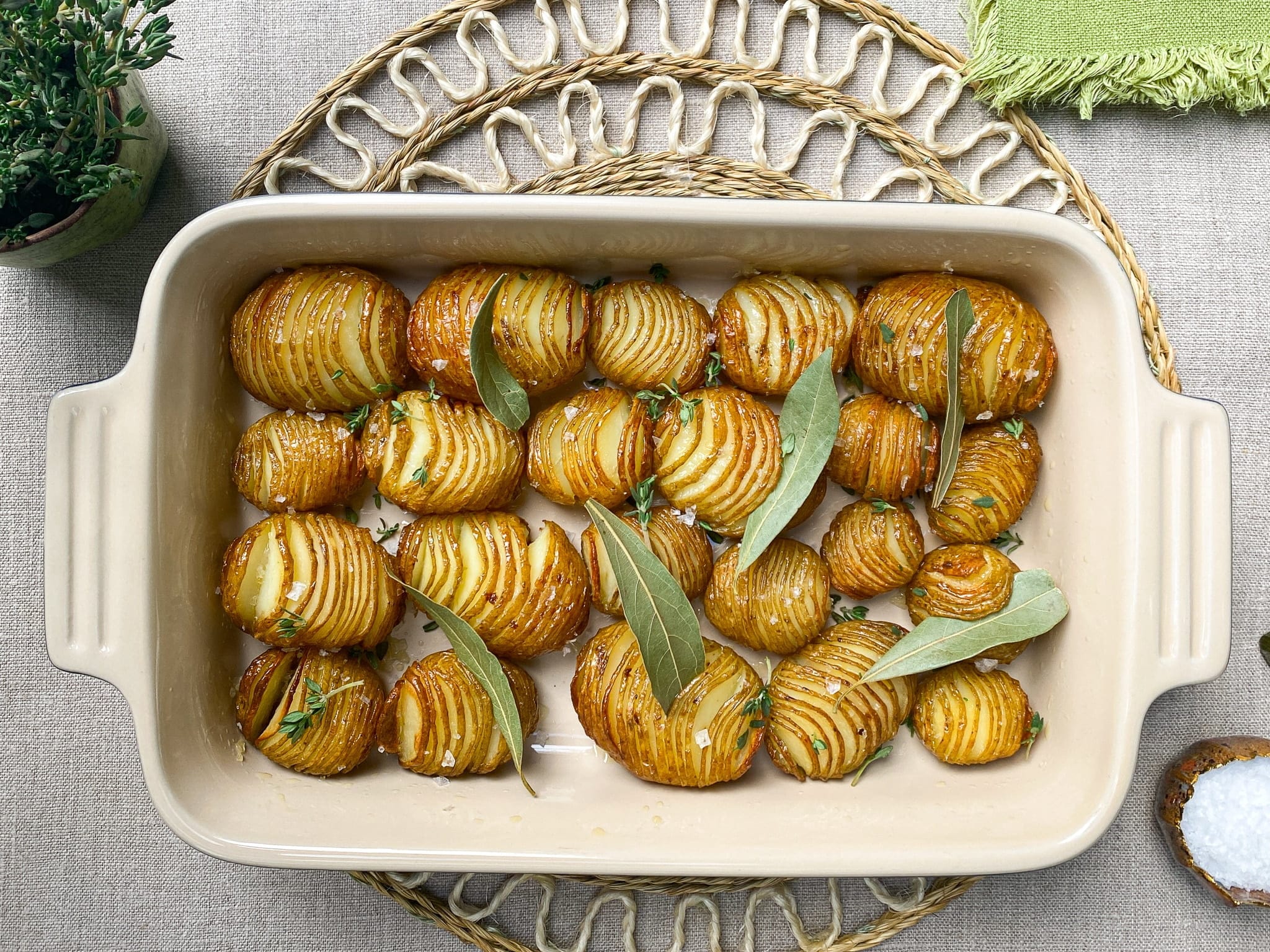 Hasselback potatoes with thyme and bay leaf