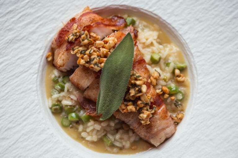 pancetta wrapped monkfish with asparagus risotto