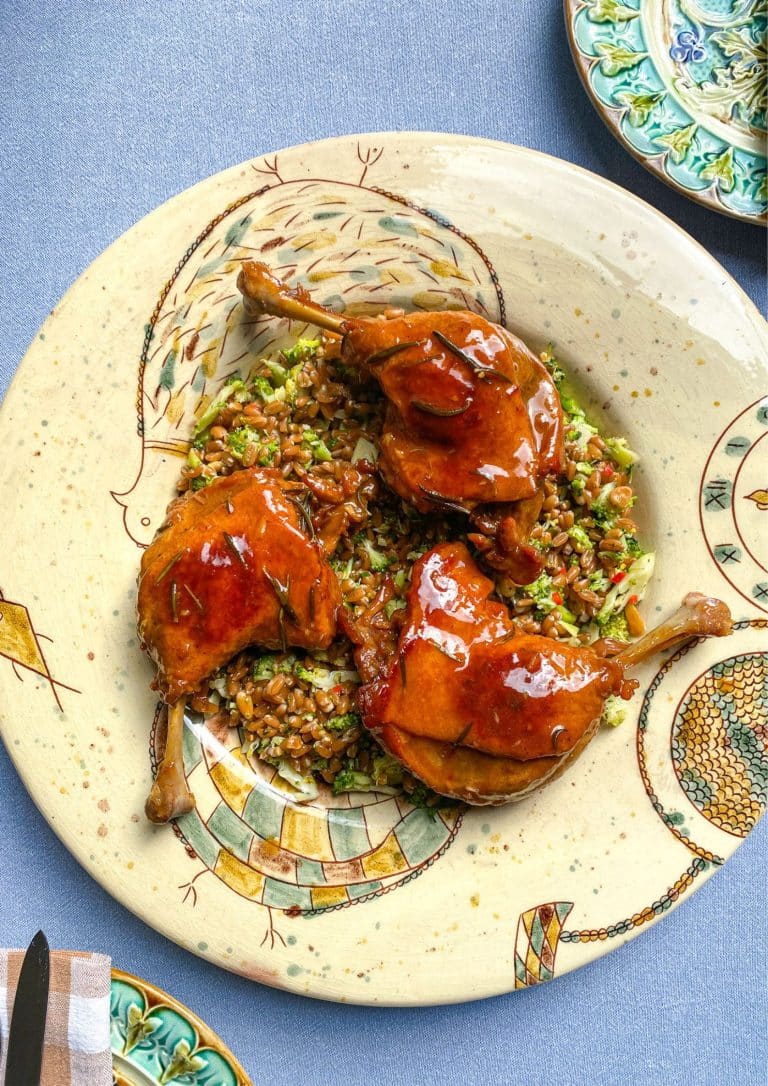 sticky duck legs with spelt and broccoli