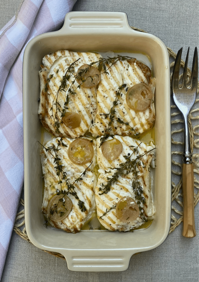 Grilled Halibut with pickled lemon and thyme