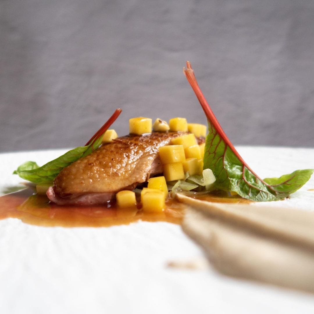 Masterchef Barts Duck and mango dish from event catering