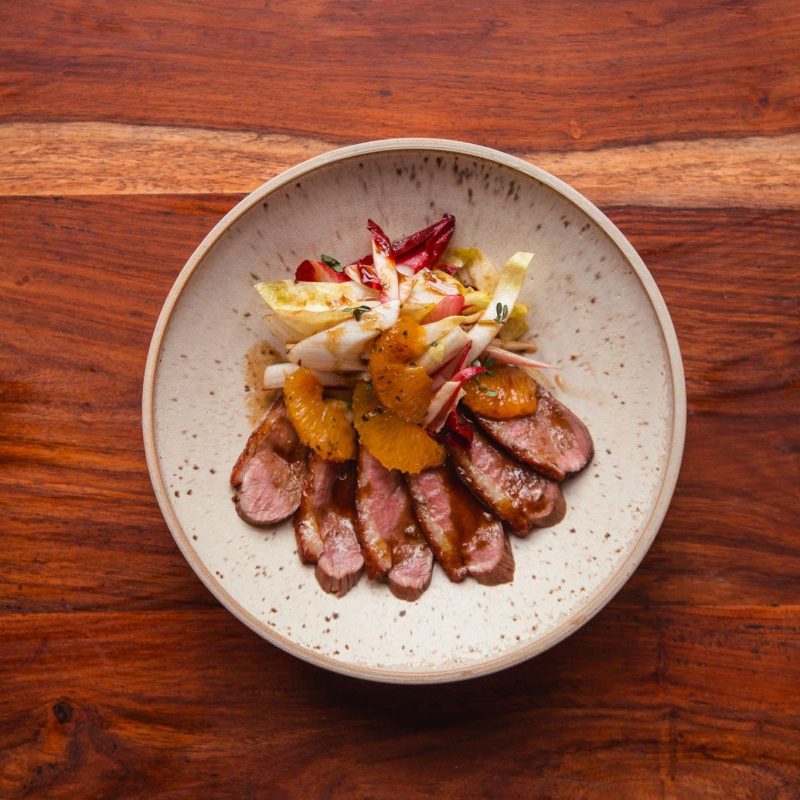 sticky Duck salad with orange and chicory