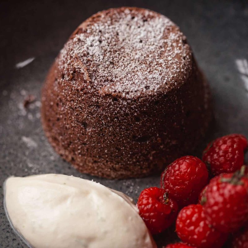 Chocolate fondant with marinated raspberries