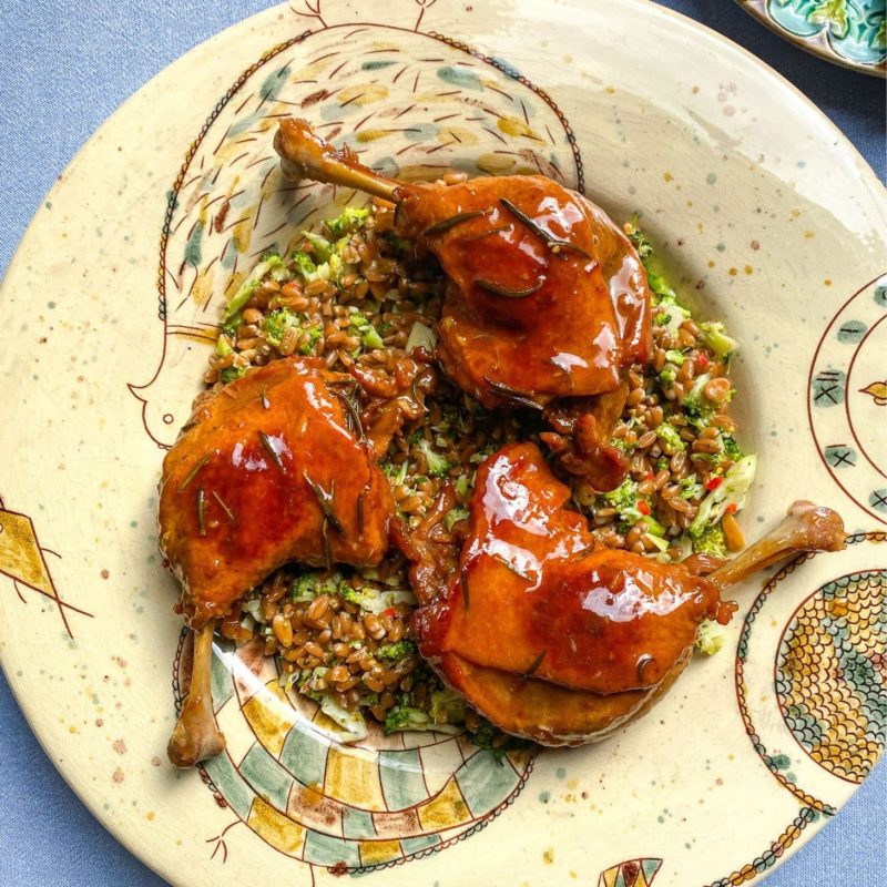 sticky duck legs with spelt and broccoli